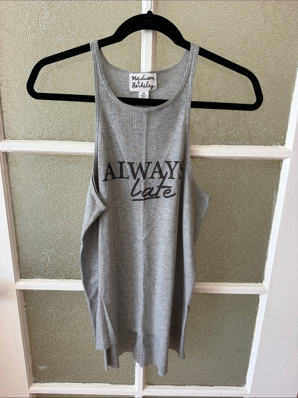 Madison & Berkeley Gray Ribbed 'ALWAYS Late' Graphic Tank